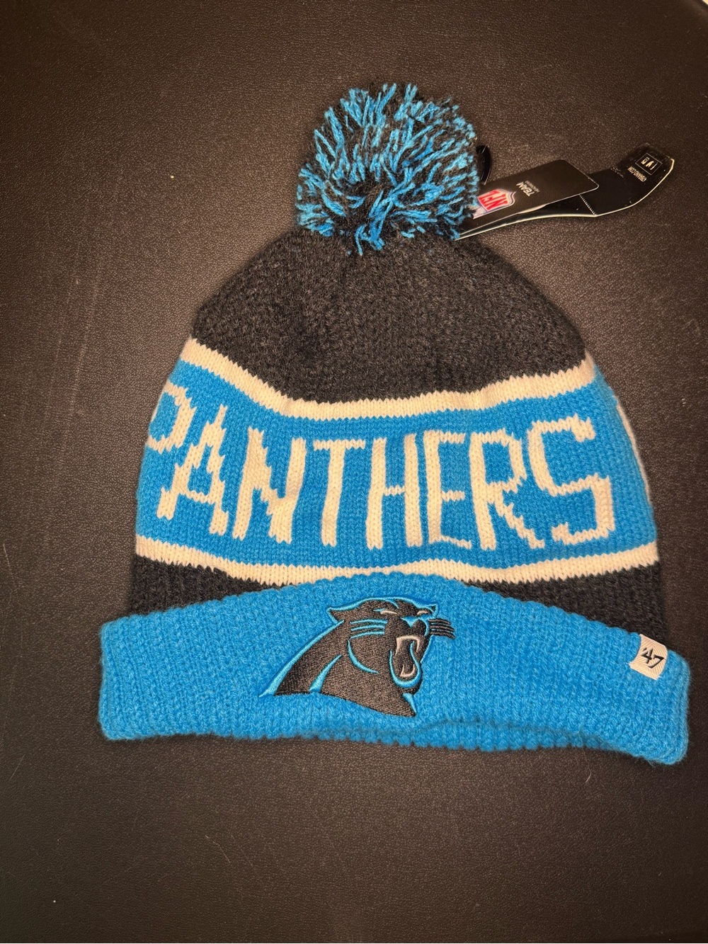 ‘47 Adult NFL Football Carolina Panthers Knit Pom Beanie Blue Black Cold Weather